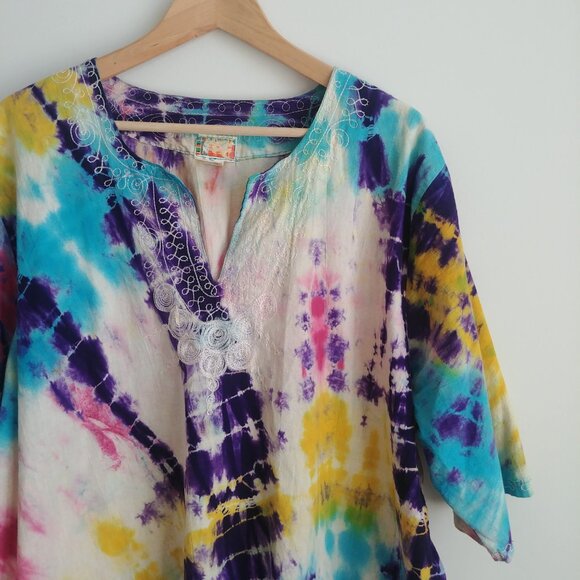 Handmade sturdy 100% cotton approx XL tie dye look embroidered blouse pockets - Picture 2 of 16